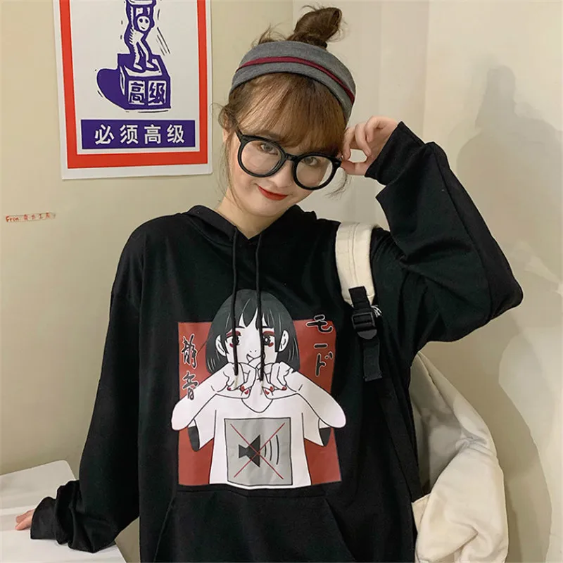 

Lychee Girls Streetwear Crew Neck Hooded Sweatshirt Tracksuit Cartoon Girl Japanese Print Women Hoodies Loose Lady Pullovers