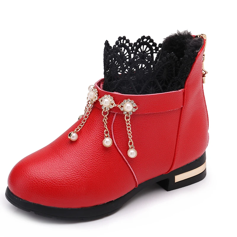 Fashion Lace Lace Beads Tassel Princess Leather Boots For Girls Size Kids Warm Shoes Children Waterproof Boots 4- 12 Year Old - Цвет: red