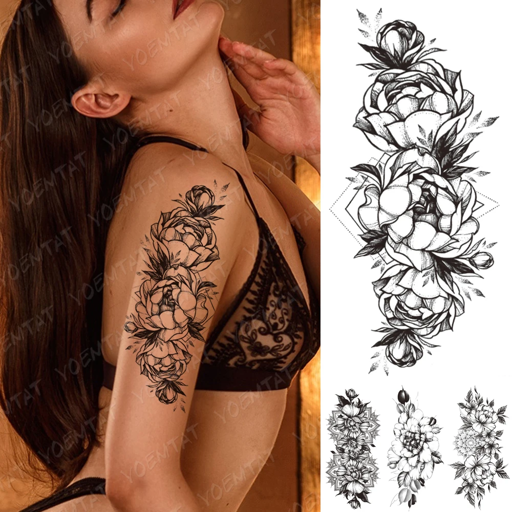 

Waterproof Temporary Tattoo Sticker Peony Rose Flower Flash Tatto Female Geometric Black Body Art Arm Thigh Fake Tattoos Women