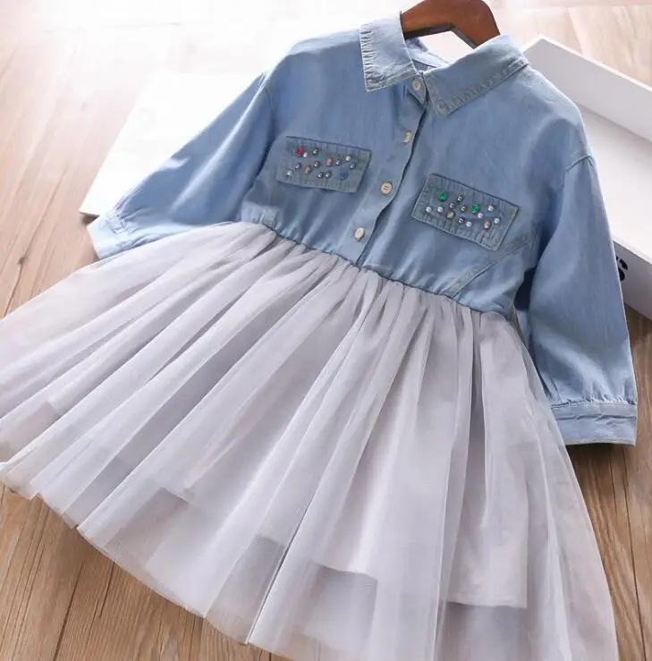 Весенние джинсовые платья принцессы с бисером для девочек, детское модное платье, 5 шт./партия