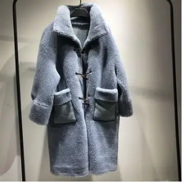 Плотное теплое зимнее длинное пальто из стриженной овечей шерсти, шерстяное пальто с пряжкой в виде бульдога, 4 цвета, фабричное пальто по настоящей цене, ksr682 - Цвет: Синий