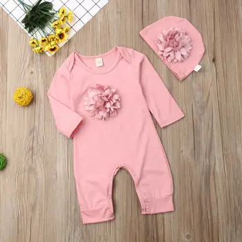 

2020 Spring And Autumn Models Girl Baby Jumpsuit Long-sleeved Solid Color Flowers Female Baby Crawling Clothes Out Clothing