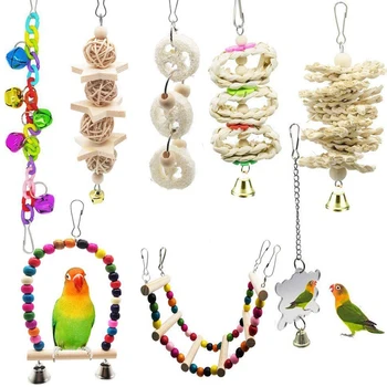 

8 Pcs Bird Parrot Toys, Natural Wood Hanging Bell Pet Bird Cage Hammock Swing Climbing Ladders Wooden Perch Mirror Chewing Toy f