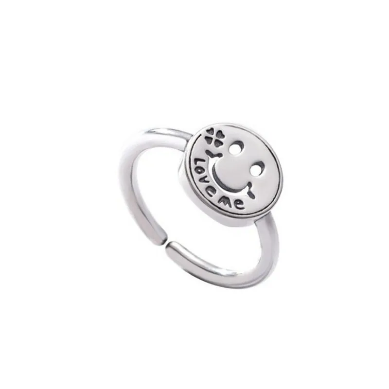 

925 sterling silver Open the index finger ring can be adjusted Hollow out smiling face restoring ancient ways Love me best gift