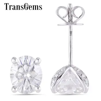

TransGems 14K 585 White Gold 2.4CTW 6*7mm Oval Cut GH Color Moissanite Stud Earrings for Women Gold Earrings 2019 Fine Jewelry