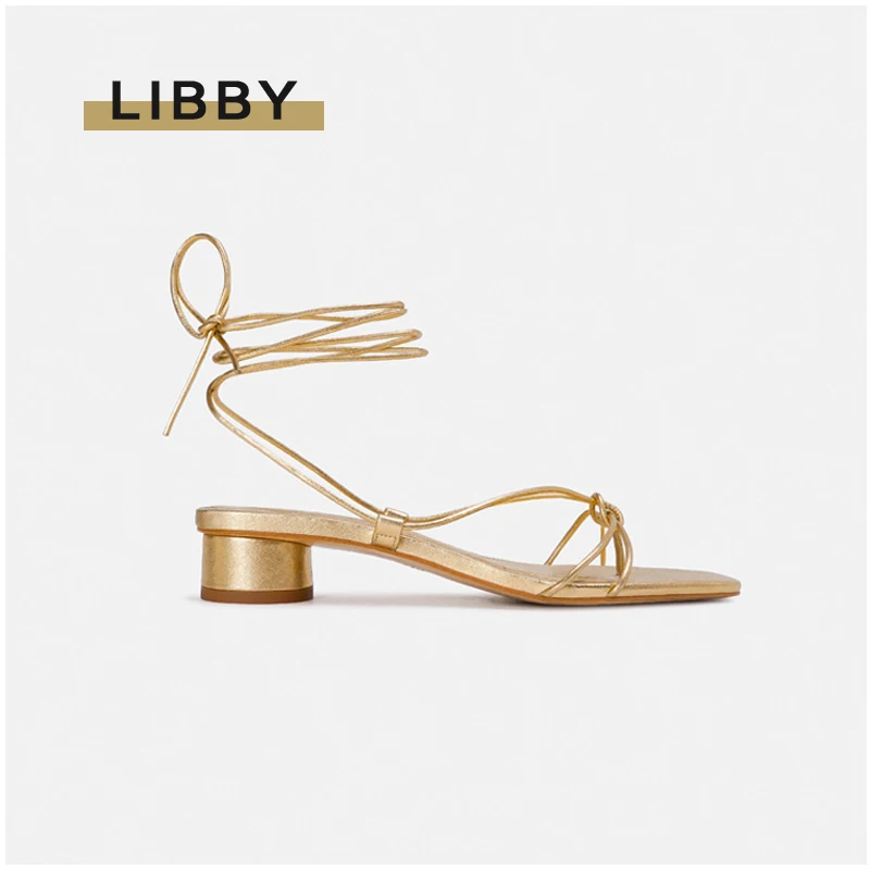 LIBBY 2021 nuevo mujeres verano Sandalias de tacón grueso Cruz Correa zapatos de tacón bajo de Oro de las mujeres de pies cuadrados Sandalias Zapatos romanos