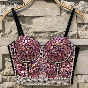 

SXTHAENOO Rhinestone Bead Bustier Pearls Diamond Push Up NightClub Party Bralette Women's Bra Cropped Top