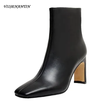 

All-match Temperament Square Toe High-heeled Short Boots Women Stone Pattern Single Boots Thick Heel Simple Black Ankle Boots
