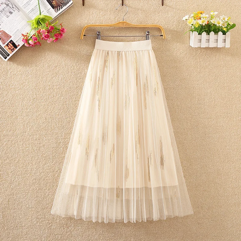 

2019 Spring And Summer New Style High-waisted Slimming Sequin Pleated Skirt Double Layer Gauze Skirt Ultra-Versatile Long Skirts