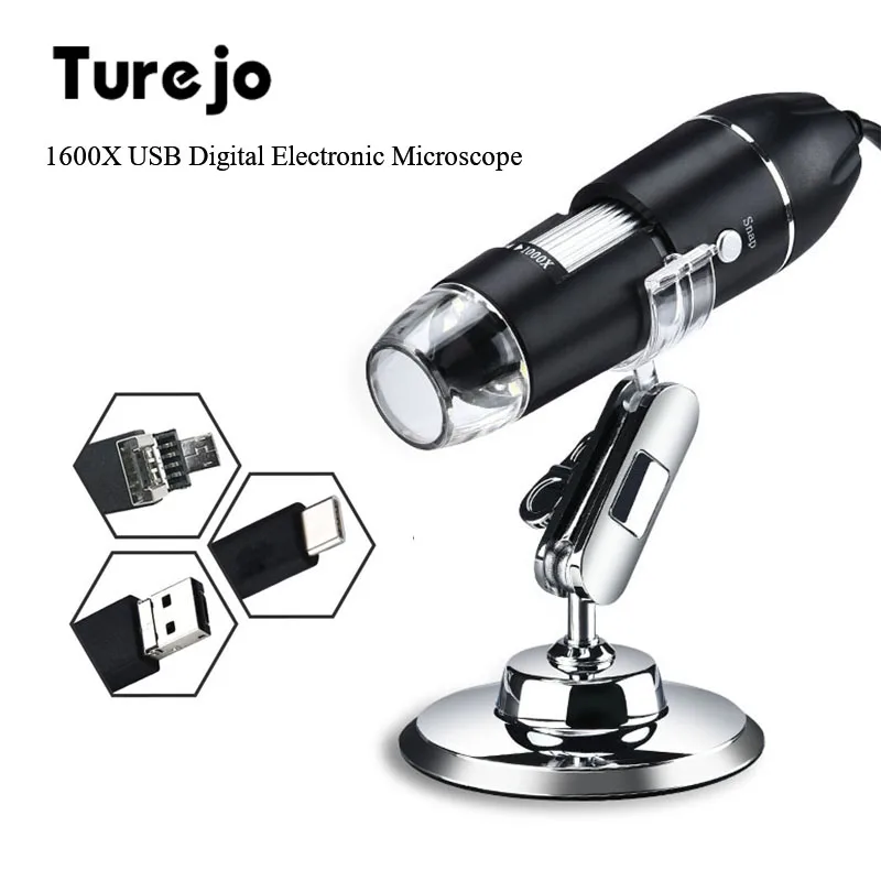 

1600X Electronic Microscope 3 in 1 USB Type-C Digital Microscope Magnifier Camera 1080P 8 LED Stand for MacBook Android Phones