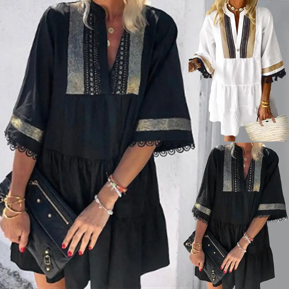 

Women Boho Summer V Neck Tassel Half Sleeve Print Beach Party Loose Mini Dress