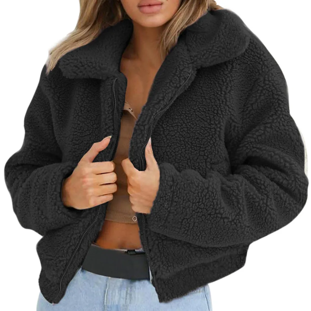 Женское теплое пальто из искусственной шерсти, одноцветная куртка на молнии из овчины, Зимняя парка, верхняя одежда, модное пальто#45 - Цвет: Black