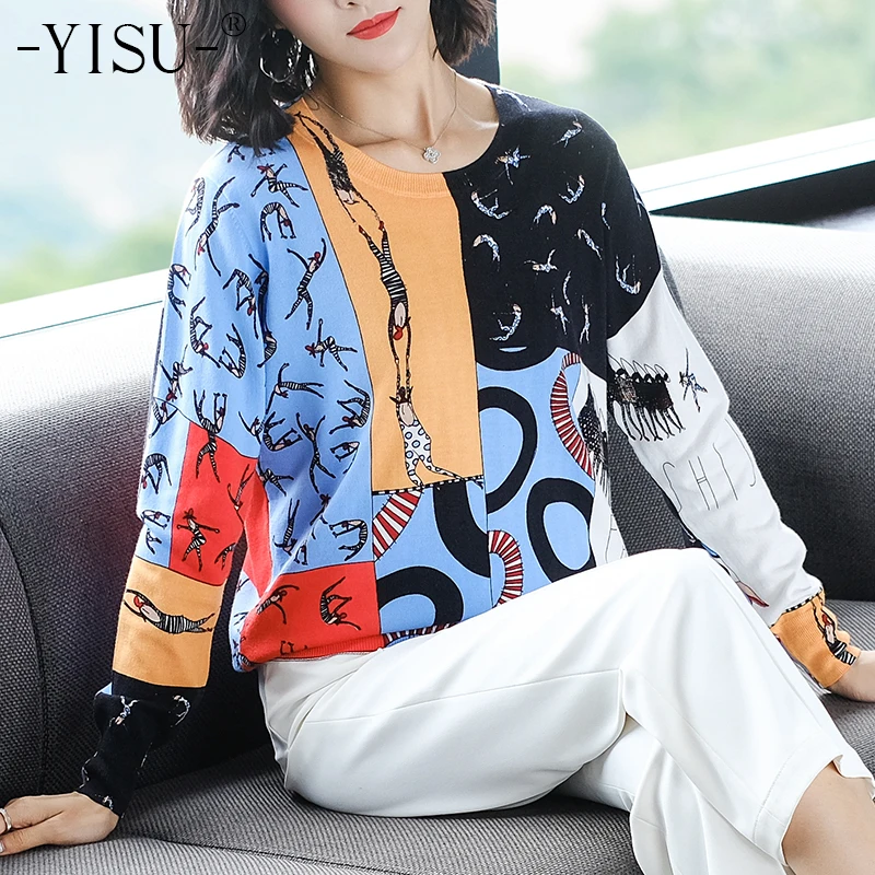 YISU Women Sweater 2020 New Cartoon character Print Cute Loose Long Sleeve O-neck Pullovers Autumn Winter Soft Printed sweater | Женская