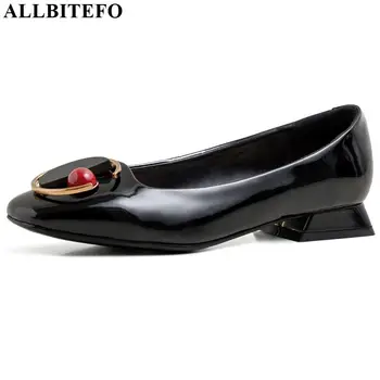 

ALLBITEFO comfortable low-heeled office high heel shoes nature genuine leather high heels Simple metal decoration women heels