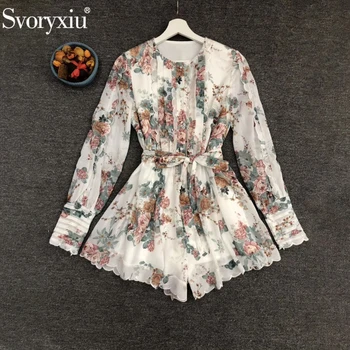 

Svoryxiu Runway Designer Fashion Female Summer Multicolor Floral Print Vintage Playsuits Women Bow Sashes Lettuce Edge Jumpsuits