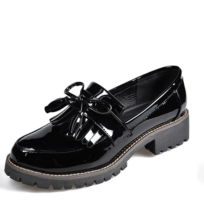 

2020Spring and Summer Women Low Heels Fashion Tassels Patent Leather Platform Shoes For Woman Sewing Slip On Female Footwear