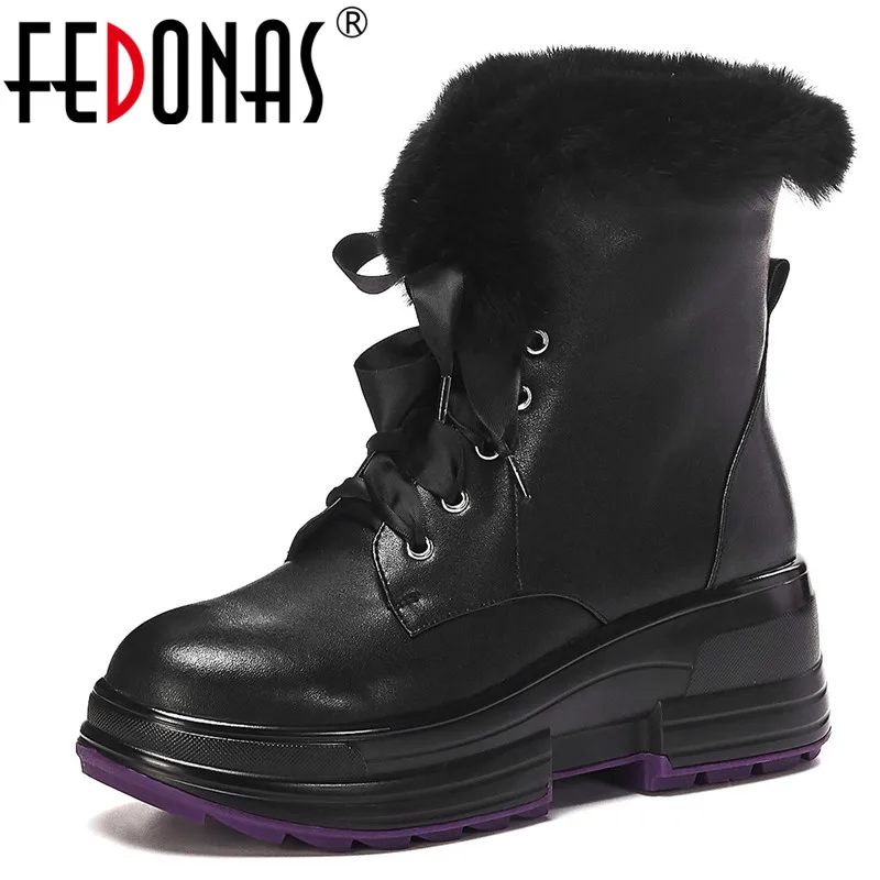 

FEDONAS Quality Genuine Leather Women Ankle Boots Flats Platform Chunky Heels Boots Warm Rabbit Hair Boots Office Shoes Woman