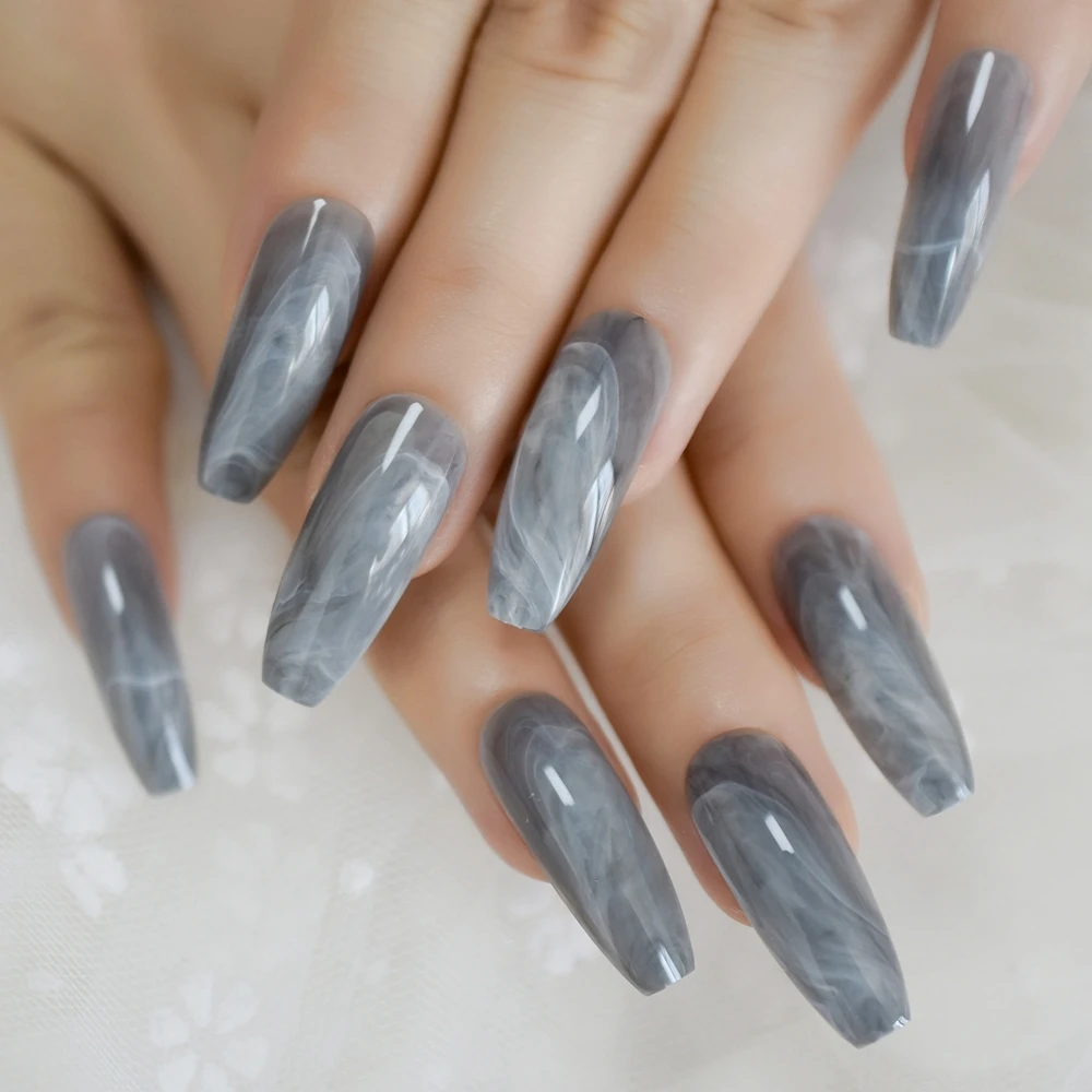  Marble Fake Nails Extra Long Ballerina Nails Glossy Stone Pattern Coffin Shape False Nails Ladies S