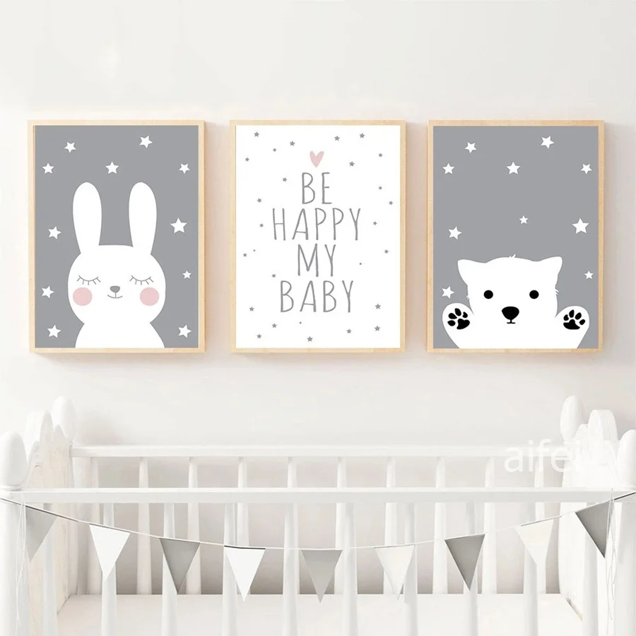 

Baby Nursery Wall Art Canvas Poster and Print Cartoon Rabbit Bear Painting Nordic Kids Decoration Picture Children Bedroom Decor