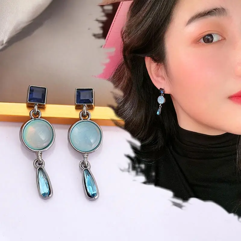 Массивные серьги, синие круглые квадратные геометрические серьги для женщин, Длинные Зеленые Кристальные серьги в форме капли воды, ювелирные изделия в стиле бохо