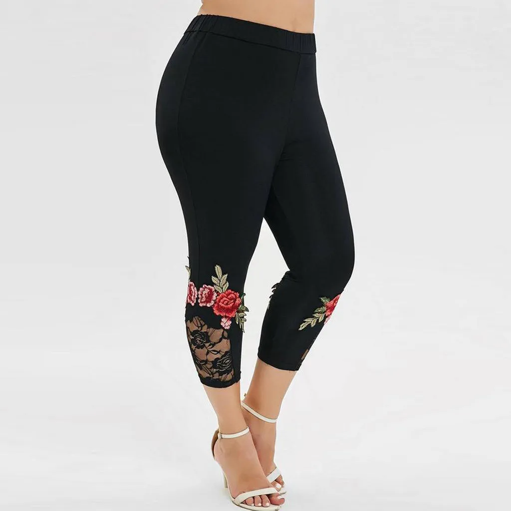 Модные леггинсы для женщин, большие размеры, Цветочная аппликация, кружево, Сращивание, Однотонные эластичные повседневные леггинсы, штаны леггинсы, mujer, хит