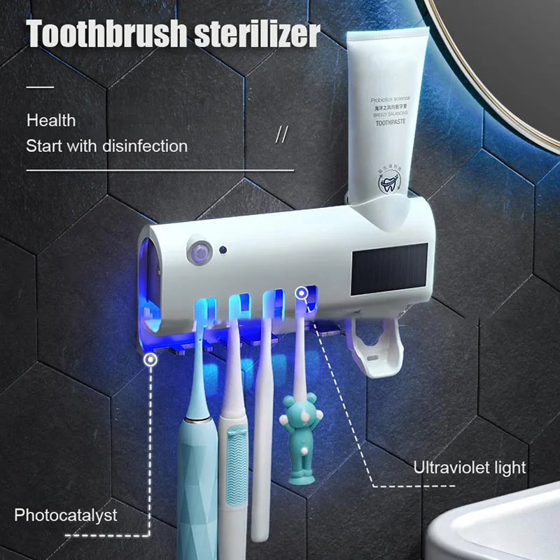 

Solar Toothbrush Sterilizer UV Light Ultraviolet Toothbrush Disinfectant Wall Mount Automatic Toothpaste Dispenser Holder