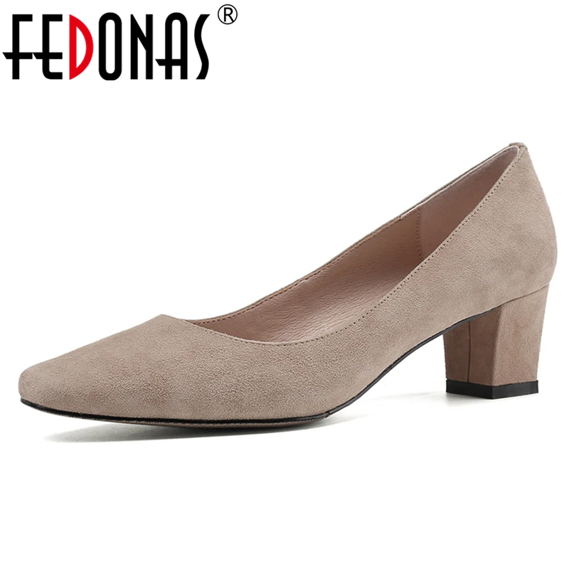 

FEDONAS Spring Concise Elegant Women Kid Suede Shoes Wedding Casual Solid Color Round Toe Thick Heel Shallow Slip-On Shoes Woman