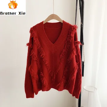 

2020 Autumn Winter Women Sweater New Year V Neck Tassel Loose Knitted Pullover Oversized Sweater