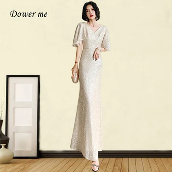 

Evening Dresses Silver GK122 Half Sleeve V-neck Robe De Soiree Mermaid Plus Size Evening Dress Long Sequined Formal Gowns