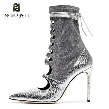 

Prova Perfetto Sexy Pointed Toe Stiletto Heel Lady Short Boot Cross Tied Hollow Spring Autumn Shoe Stretch Patchwork Ankle Boots