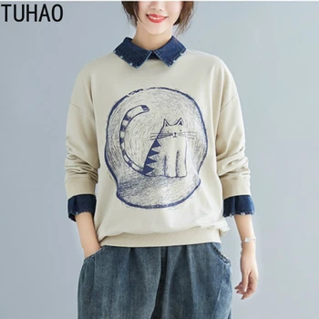 

Korean Style Cartoon Cat Print Blouse Woman Stitching Fake 2 Piece Large Size Woman's Tops Long Sleeve Casual Shirts T5121