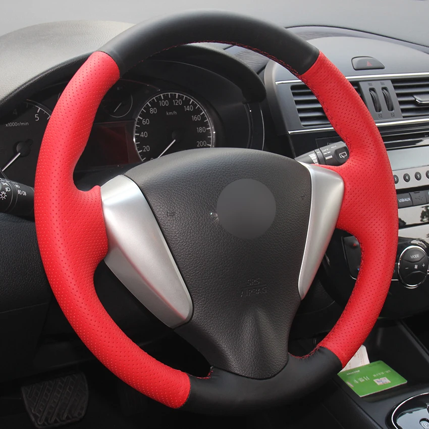 Черные кожаные красные Натуральные Кожаные чехлы рулевого колеса автомобиля для Nissan Tiida Sylphy Sentra Versa Note- рулевые чехлы