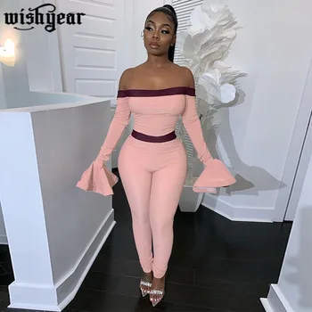 

Wishyear 2020 Sexy Off Shoulder Jumpsuit Slash Neck Flare Sleeve Skinny Romper Casual Overalls Night Club Outfits Plus Size XXL