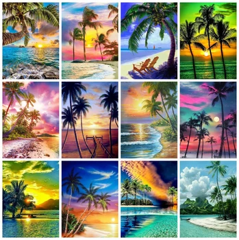 

HUACAN 5D Diamond Embroidery Coconut Tree Craft Kit Diamond Painting Seaside Landscape Mosaic Sunset Art Rhinestone Home Decor