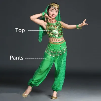 Green 2pcs Детский комплект для танца живота, новейший детский индийский костюм для танца живота, Восточный танец живота, костюм для выступлений, костюм, 4 цвета - Цвет: Green 2pcs