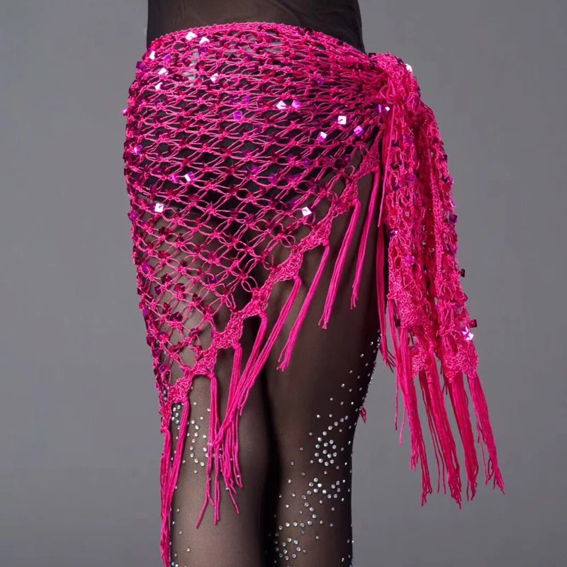 15 Colors Belly Dance Clothes Accessories Stretchy Crochet Net Shawl Triangle Belt Belly Dance Hip Scarf Square Sequins