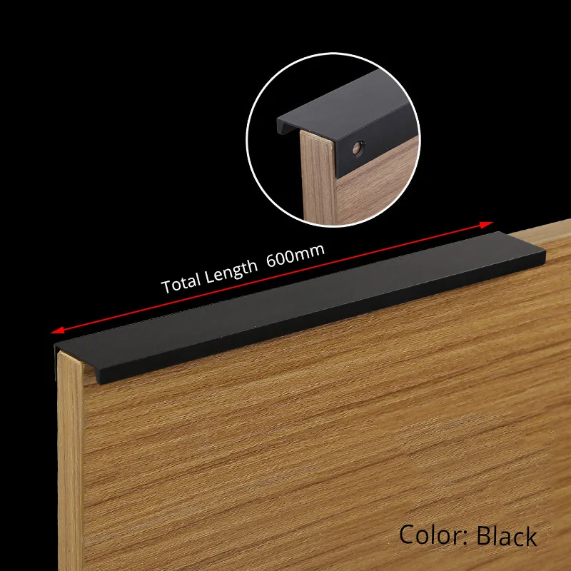 KAK, золотые, серебристые, черные скрытые ручки для шкафа, цинковый сплав, кухонный шкаф, ручки для выдвижных ящиков, мебельная дверная ручка, фурнитура - Цвет: Black Length 600mm