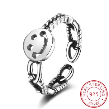

925 Sterling Silver Hollow Smiling Face Ring Heart Lock Chain Thai Silver Adjustable Rings For Women S-R505
