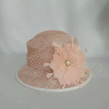 

2020 Spring Summer Women Pink Sinamay Fedora Hat HIgh Quality SInamay Sun Hat Flower Feather Elegant Ladies Party Bucket Hat