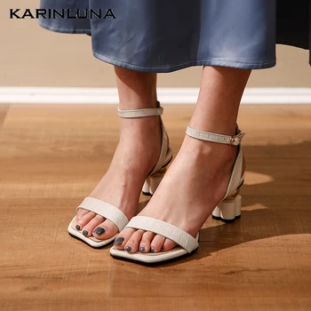 

KarinLuna Brand Design Genuine Leathre Women Sandals Strange Style Heel Platform Metal Decoration Pumps Summer Party Woman Shoes