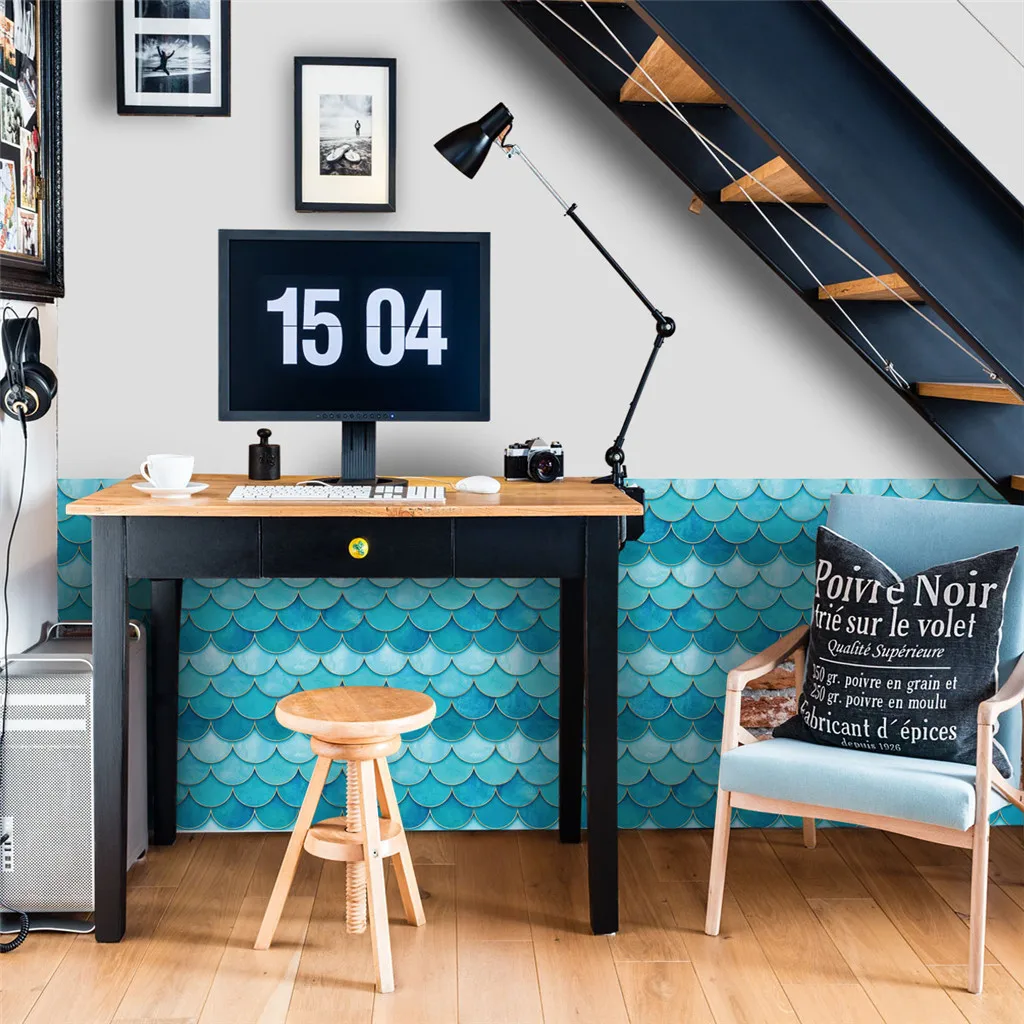 Черепица в виде рыбьей чешуи Скандинавская мозаика Веерообразный синий фон для