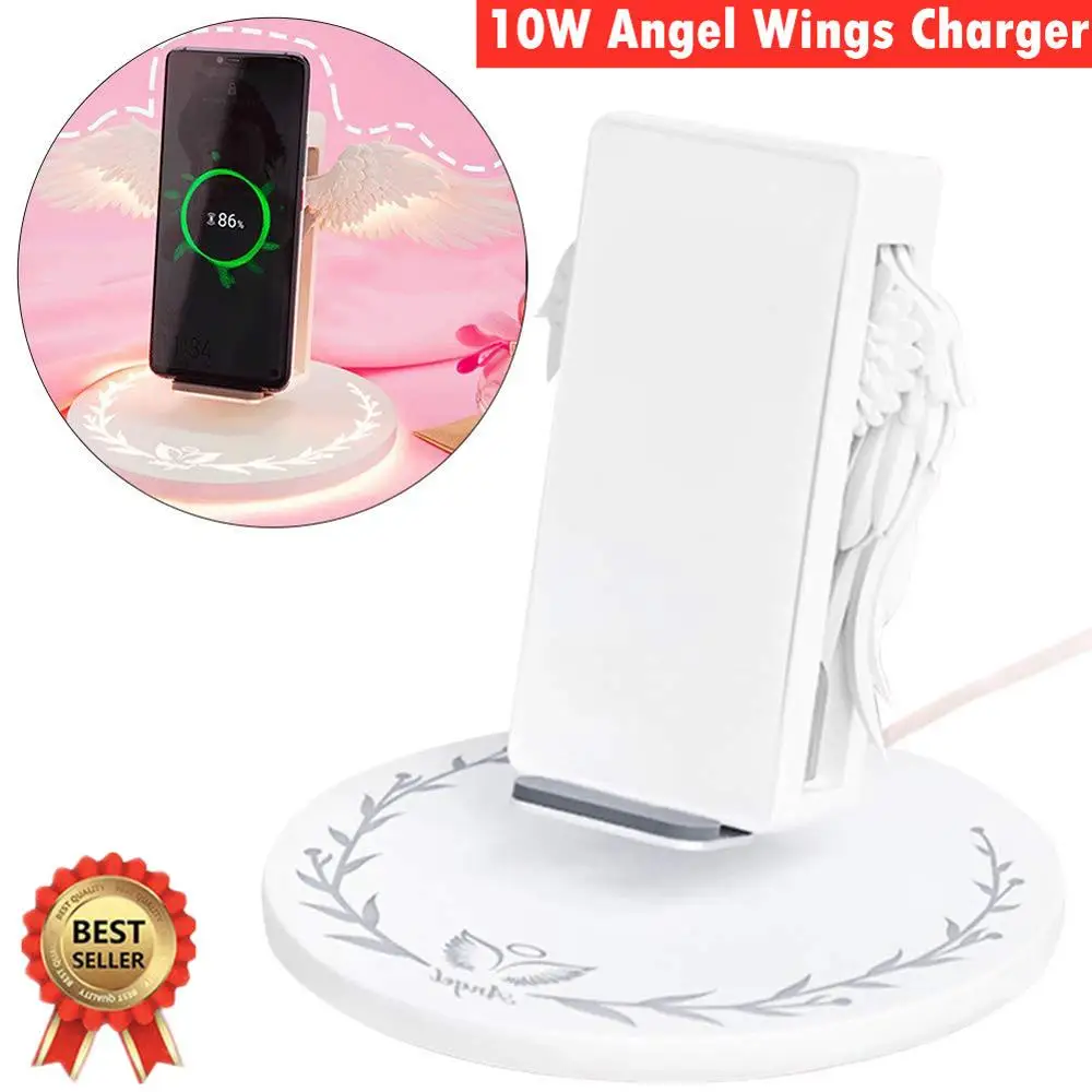 

Fashion 10w Angel Wings Qi Wireless Charger For iPhone XS X 8 Plus with Ambient LED Light Phone Holder For Samsung S9 S10 Huawei