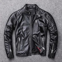 

FAKUNTNMens Motorbiker Free Shipping Leather Jacket Black Genuine Leather Motorcycle Coat Spring and Autumn Slim Sheepskin