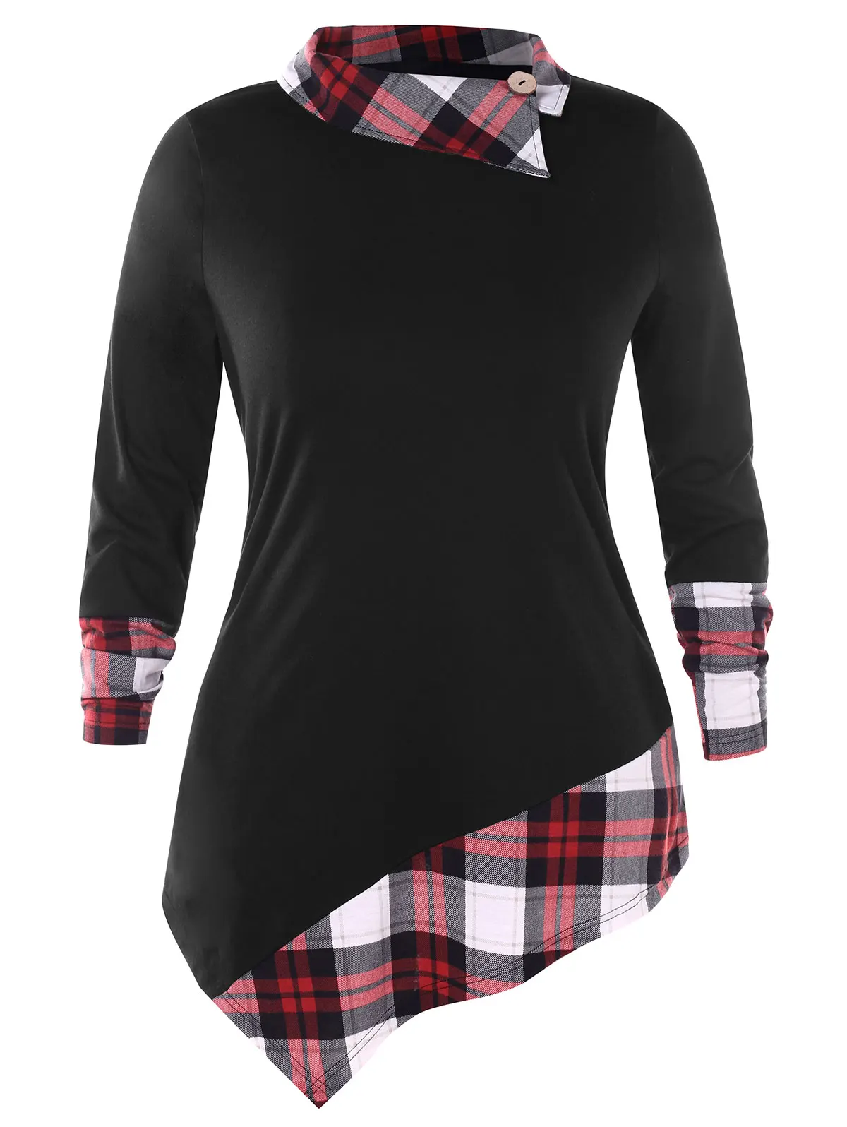

ROSE GAL Plus Size Plaid Buttons Panel Asymmetric Tee Female Casual Shawl Collar Long Sleeves Autumn ShirtS Ladies Tops
