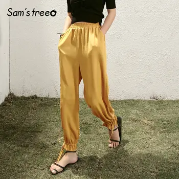 

SAM'S TREE Black Solid Elastic Waist Straight Casual Women Pants 2020 Summer New Yellow Pure Lace Up Korean Ladies Daily Trouser