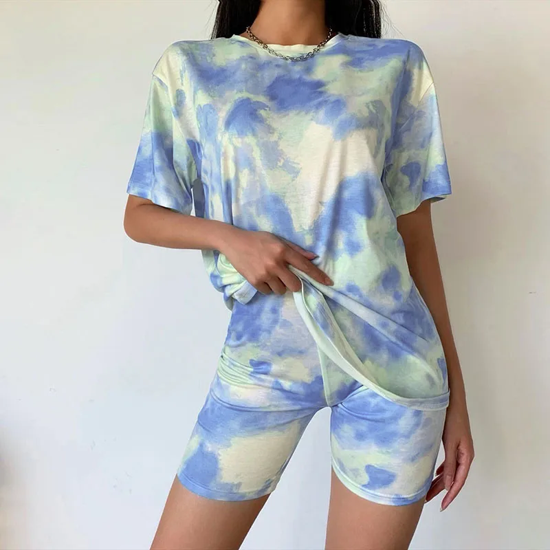 Darlingaga Casual Tie Dye Two Piece Set Women Tracksuit Fashion Summer Top and Biker Shorts Matching Sets Outfits Sportswear New