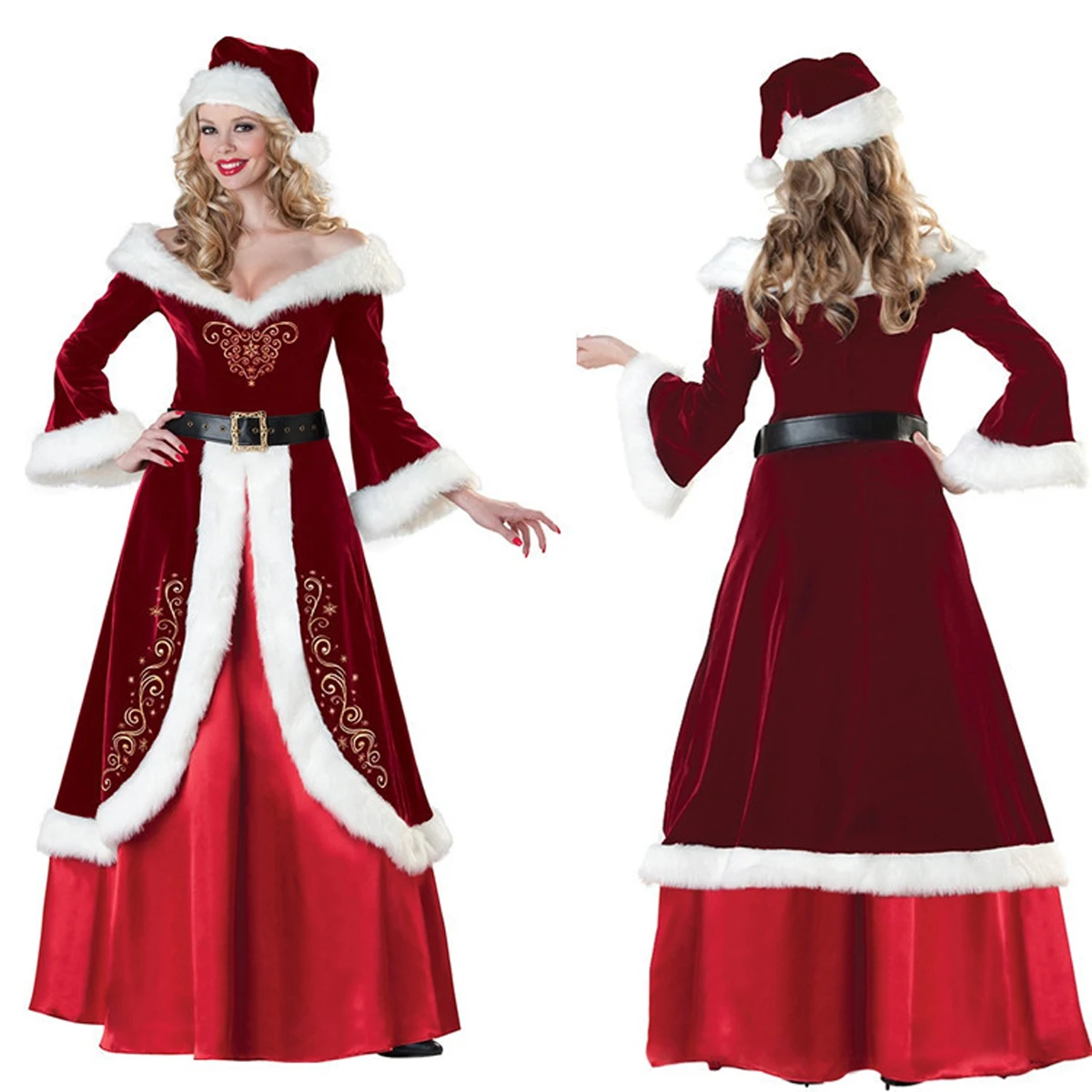 

Christmas Costume Retro Palace Dress Santa Claus Women Cosplay Costume Party Long Sleeve Dress + Waist Belt + Hat 3Pcs Outfits