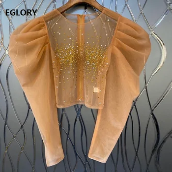

Crop Tops 2020 Spring Summer Sexy Blouses Women Crystal Beading Deco Elegant Apricot Black Shirts Casual Sexy Mesh Tops Female