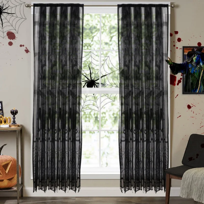 

Halloween Curtains Black Lace Banner Spiderweb Window Curtains Diy Celebration Festival Decor 101x213cm Creative Special