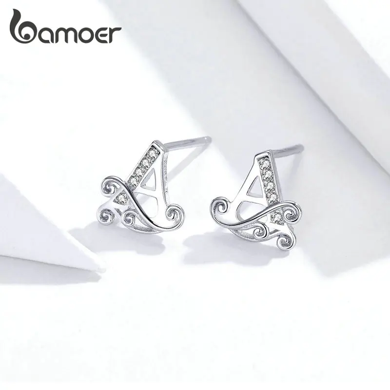 

bamoer HOT SALE Alphabet A Letter Silver Stud Earrings for Women 925 Sterling Silver Clear CZ Anti-allergy Fine Jewelry GXE714